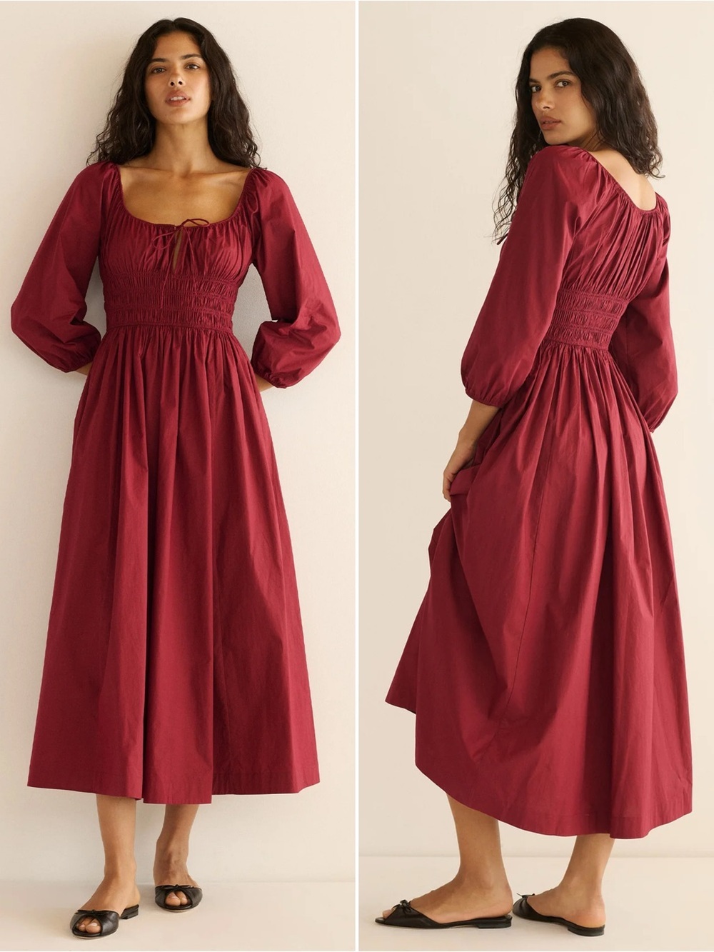 Doen Quintessa Organic Cotton Smocked Midi Dress Red Size L NWT​
